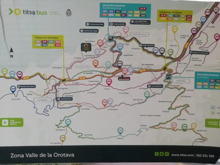 Mapa autobusových linek TITSA v údolí Orotavy
