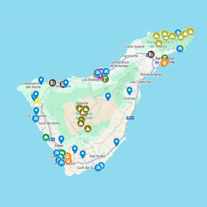 Mapa Tenerife s vybranými zajímavými místy a doporučeným ubytováním